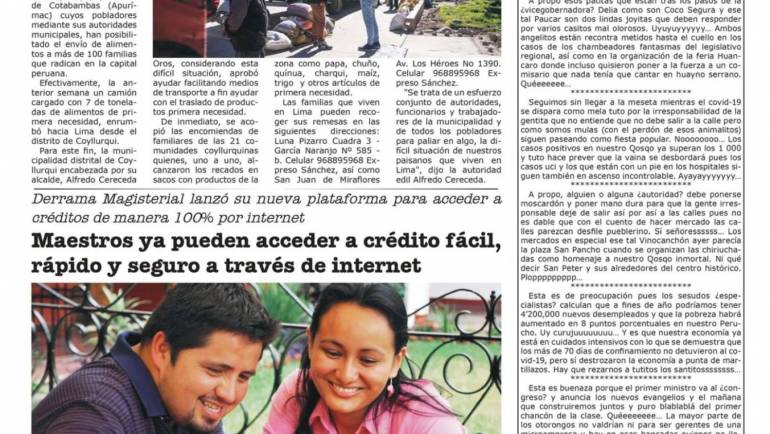 Periódicos regionales de la ciudad del Cusco se han dado hoy la tarea de informar de manera responsable acerca de las acciones en prevención del COVID -19 que esta realizando la Municipalidad Distrital de Coyllurqui.