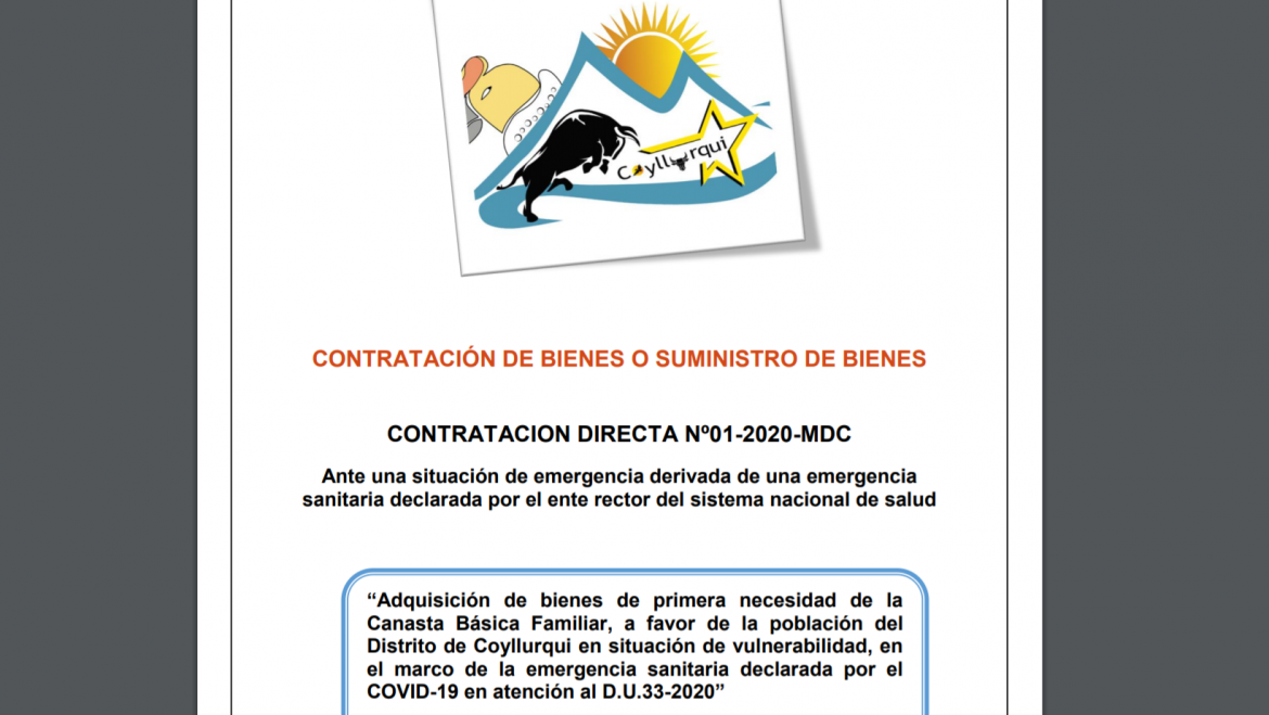 BASES CONTRATACION DIRECTA Nº01-2020-MDC – Adquisición de bienes de primera necesidad de la Canasta Básica Familiar